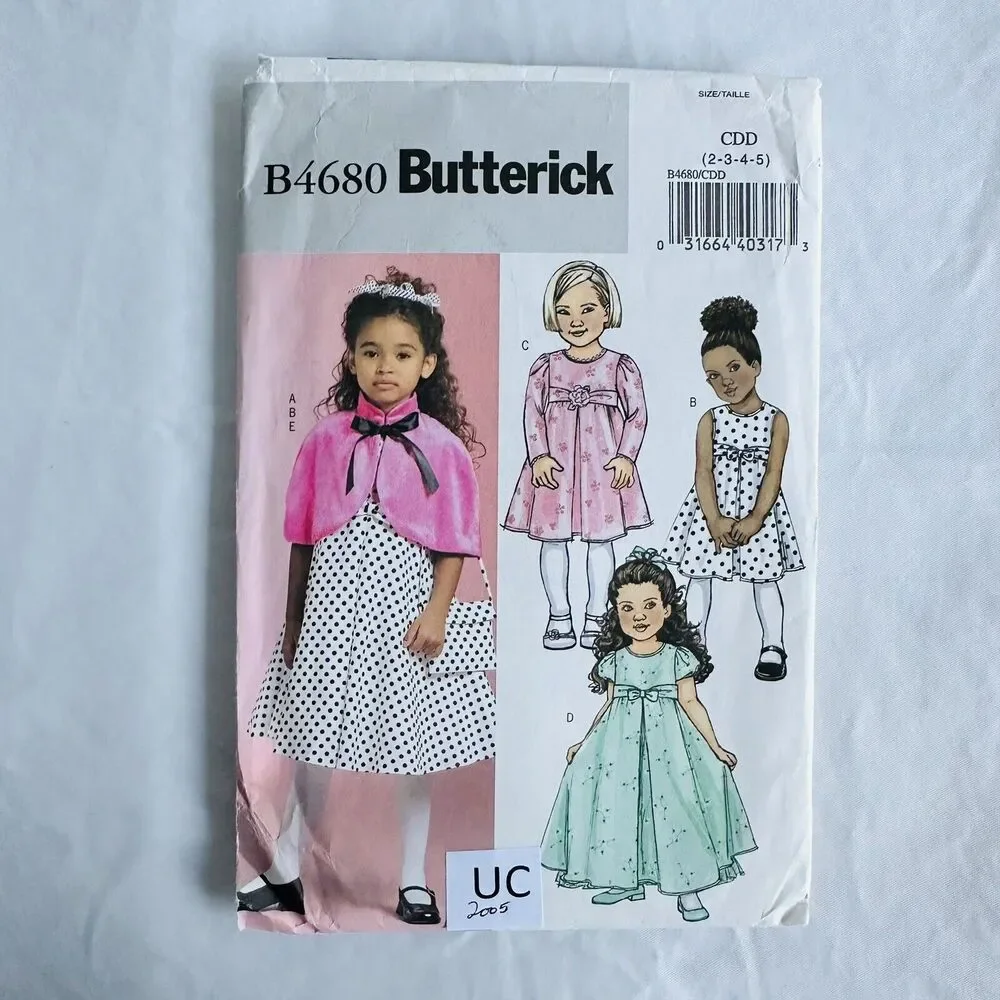 Toddler Girls Dress Caplet Purse Sizes 2 3 4 5 Butterick 4680 Sewing Pattern UC